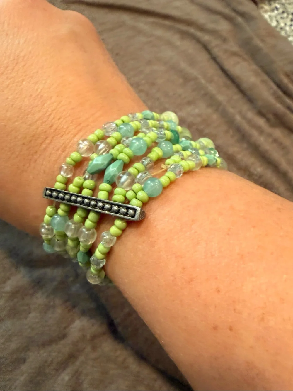 Multi-Strand Green Beaded Bracelet with Silver Accent